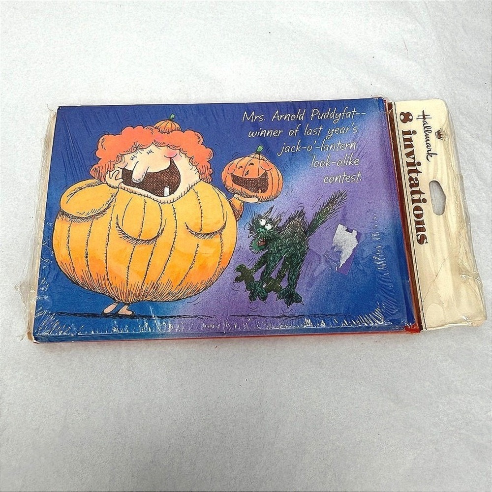 Hallmark Halloween Party Invitations Vintage Pumpkin Cat Retro Eclectic 8 Count